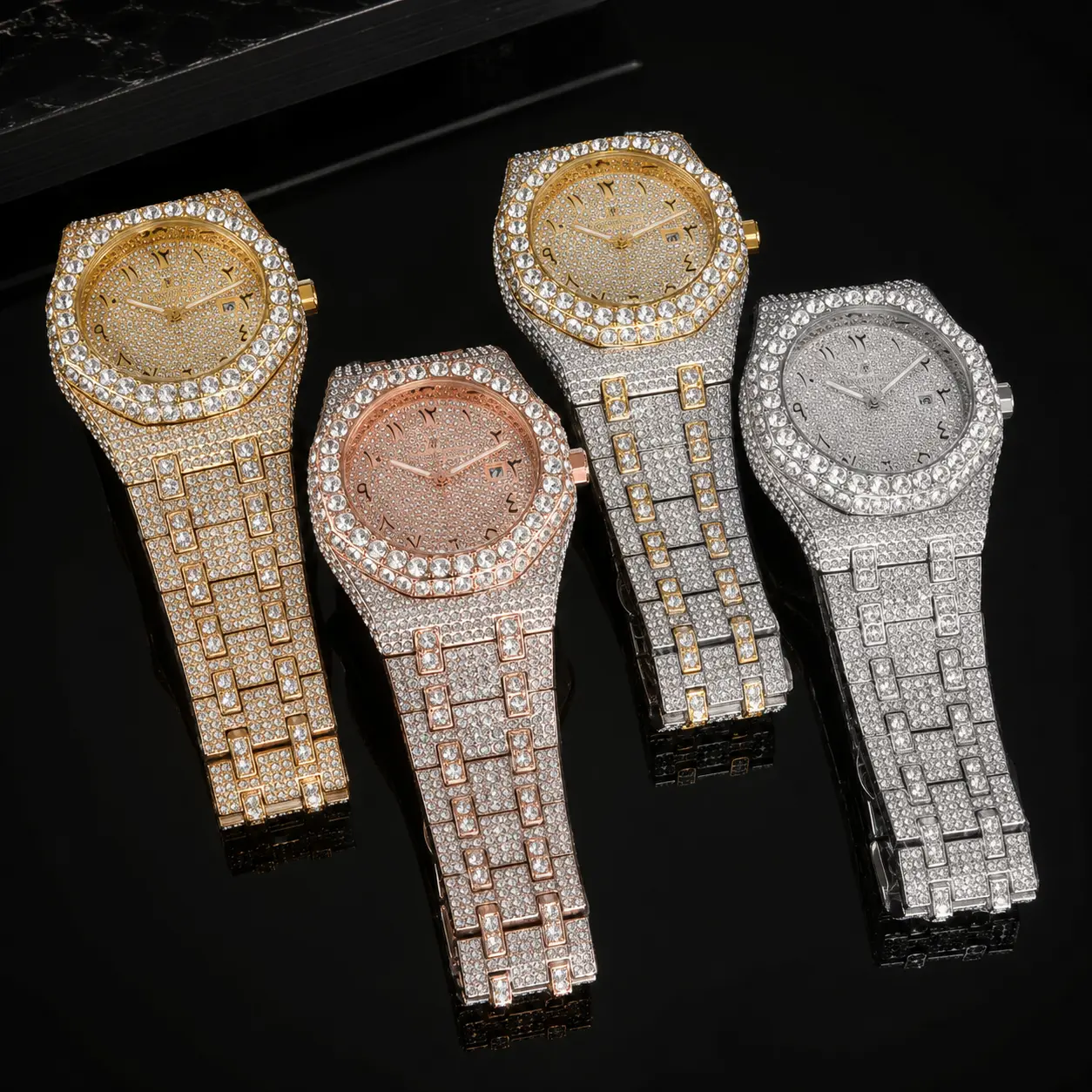 Men’s Iced Out Quartz Watch, Rhinestone Metal Band Bling Wristwatch, Fashion Dress Watch for Men