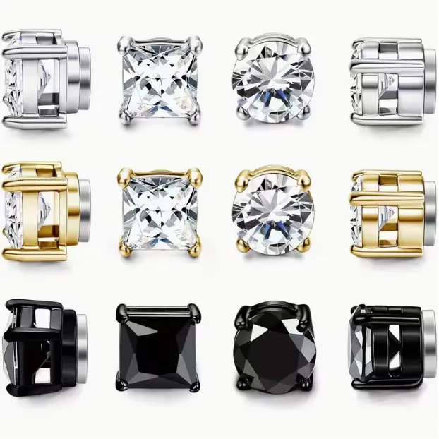 6 Pairs Stud Earrings for Men Women, Stainless Steel Unisex Earrings Set, Non-Piercing Clip on Earrings Fake Earrings Jewelry, Painless Clip on Imitation Piercings in Silvery, Golden And Black Colors, Valentine'S Day Birthday Gif