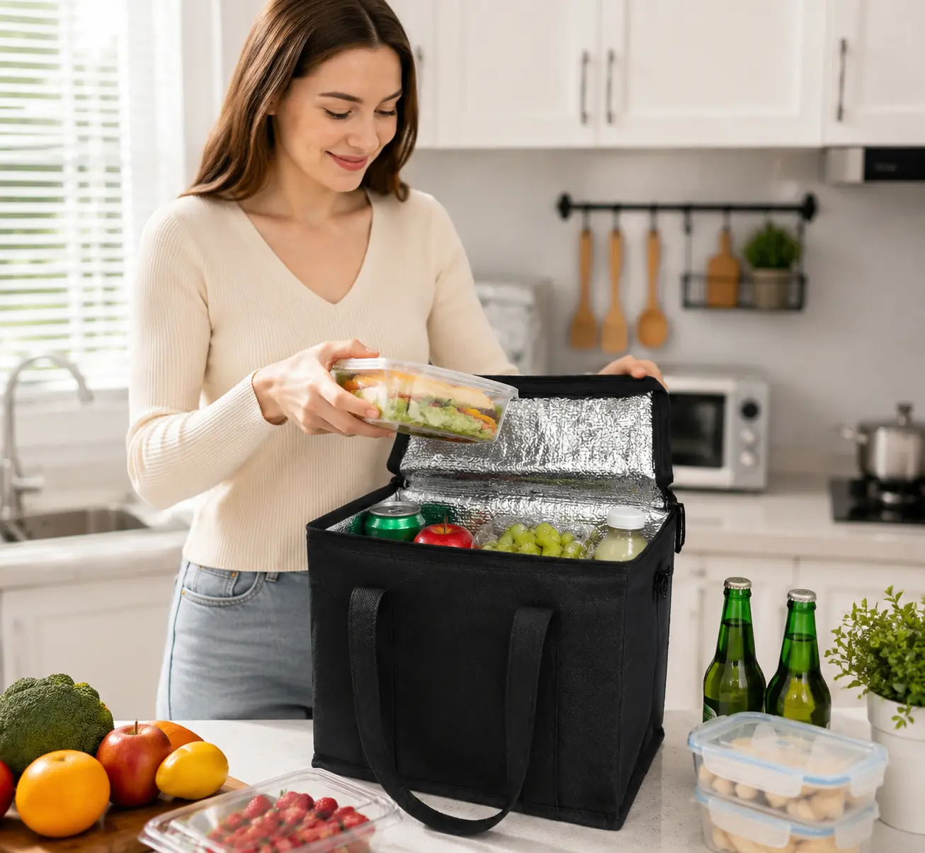 Reusable Oxford Fabric Insulated Grocery Shopping Bag with Zipper - Large Waterproof Cooler Tote for Daily Use, Frozen Food Storage, Picnic