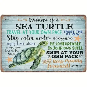 1pc 12 X 8 In Vintage Metal Tin Sign, Retro Inspirational Wise Sea Turtle Beach Decor, Fun Plaque For Home, Living Room, Bedroom, Office, Hotel, Cafe And Bar Wall Decoration, Random Hole Style