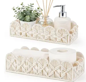 Set of 2 Macrame Storage Basket, Scalloped Edge Toilet Paper Basket, Boho Woven Decor Organizer with Handles for Shelf, Ivory