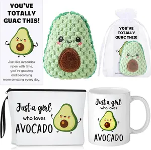 5 count Positive Avocado Gifts for Girl Women Inspirational Cute Makeup Bag Crochet Coffee Mug with Card Gifts for Avocado Lovers Employee Coworker Friends Sister