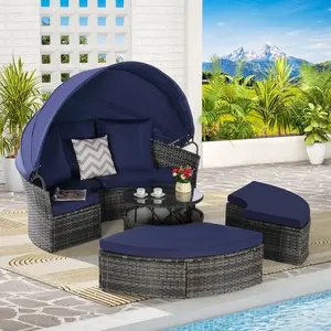 5 Pieces Outdoor Patio Round Daybed Furniture,Wicker Conversation Set