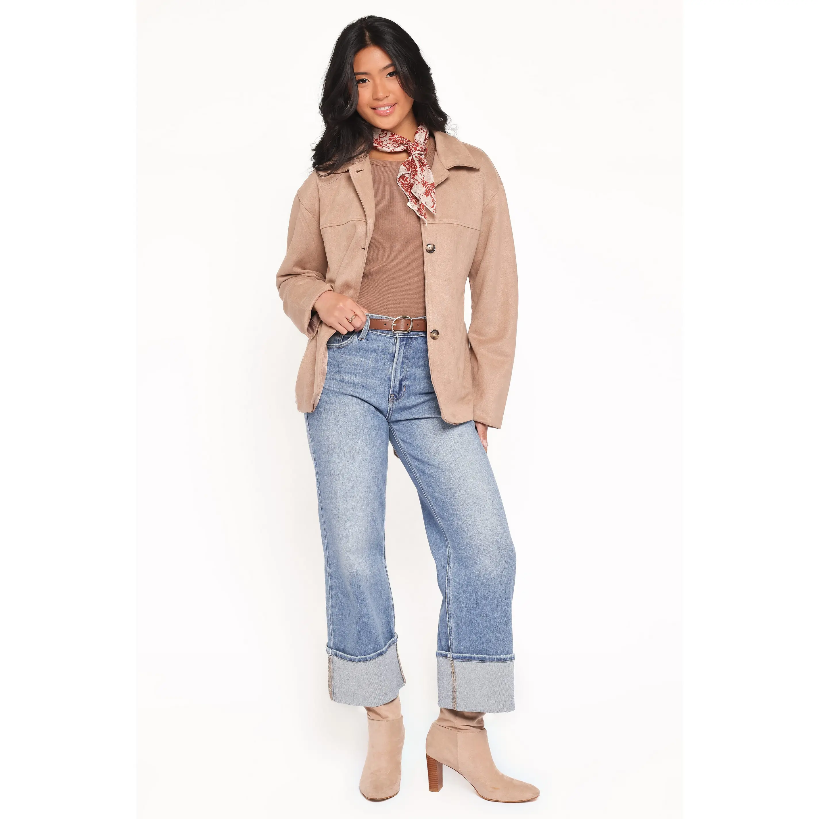 Nelly Faux Suede Cropped Trench Coat - Mushroom