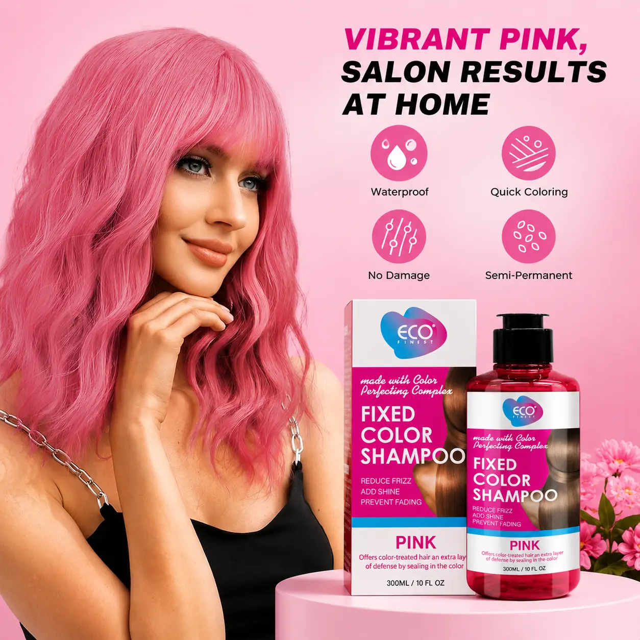 ECO Coconut Fruit-Scented Fixed Color Shampoo (300ml) - Anti-Brassiness Haircare for Blonde Hair, Removes Yellow Tones, Includes Cleanser, Gel, Oil, Multicolor Range (Pink)