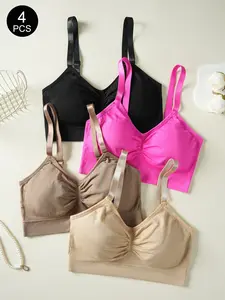 4PCS Simple Casual Push-Up Deep V Bra, Seamless Design, No Underwire, Soft and Comfortable, Daily Wear Women's Bras
