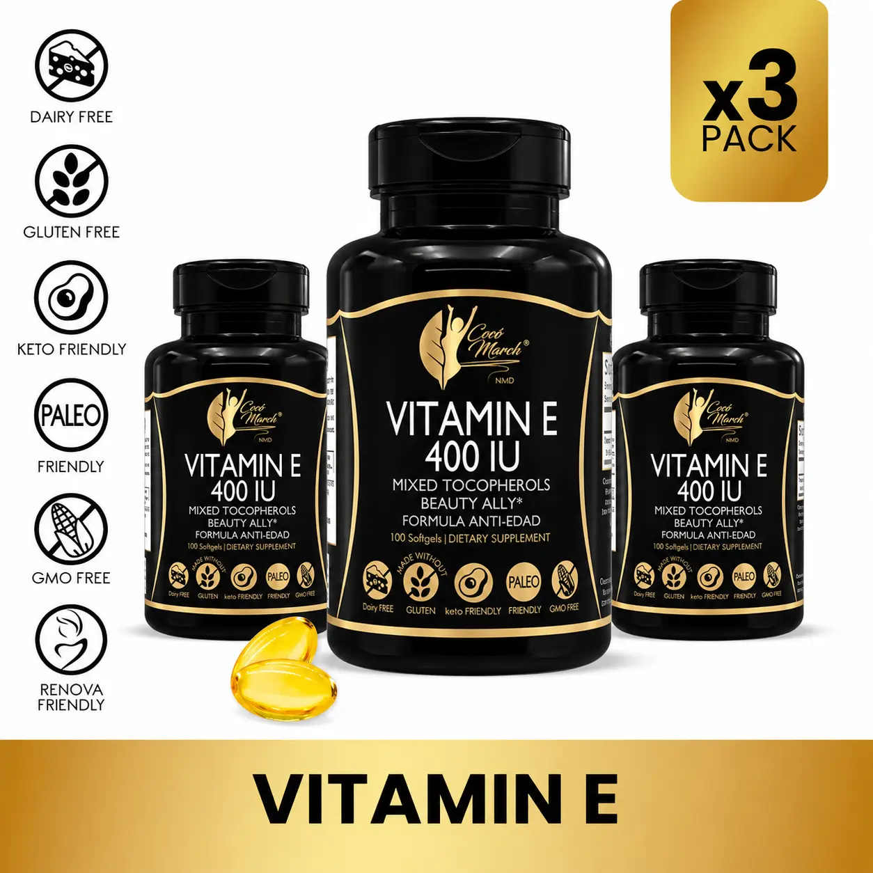 3 Bottles of Cocó March N.M.D Vitamin E 400 IU Dietary Supplement, Antioxidant Immune Health Support Supplement - 100 Softgel Capsules per Container
