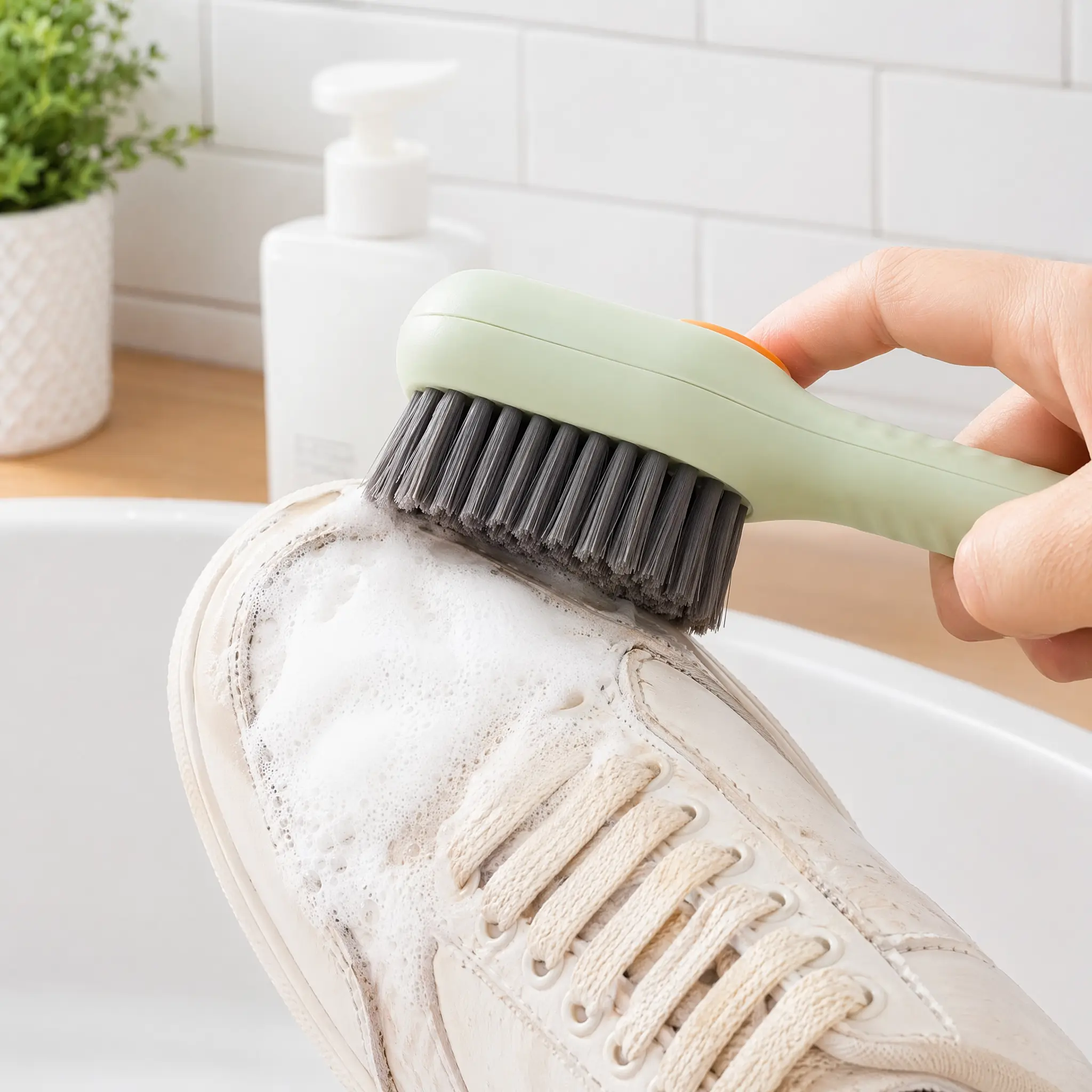Multi-Function Shoe Brush with Soap Liquid Holder, Press Type Household Scrub Brush, Convenient Home Shoe Washing Cleaning Tool, Universal Shoe Cleaner for Daily Use-MM3