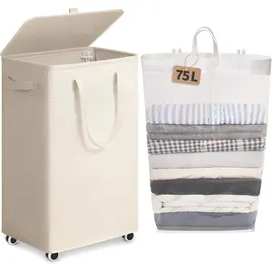 White Laundry Basket with Wheels, 75L Rolling Laundry Hamper for Bedroom Bathroom, Foldable Large Clothes Hamper with Lid and Removable Wash Bag, 16.5" x 12.5" x 27.5"