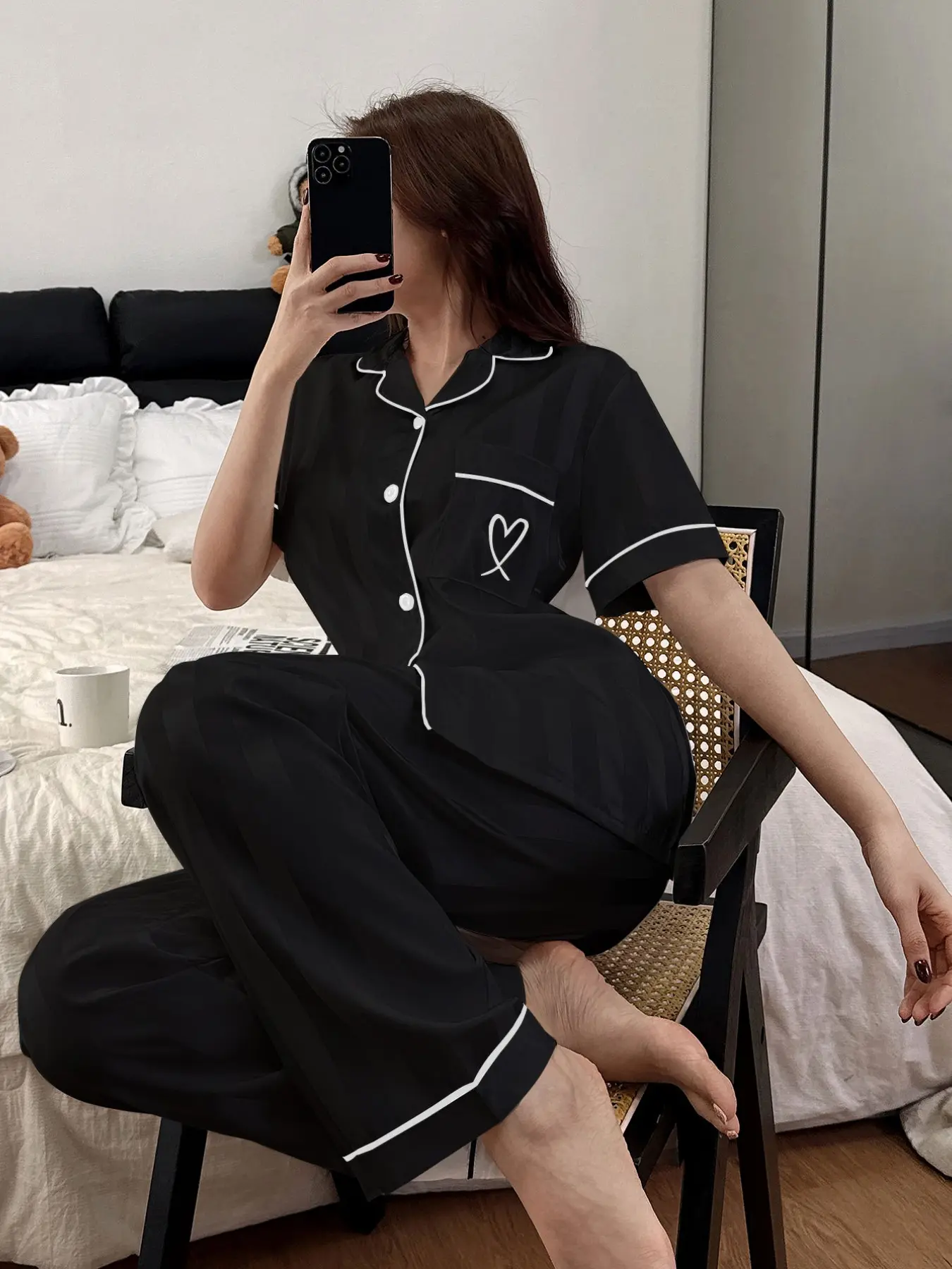 New Summer Autumn Women's Lapel Pajama Set, Loungewear, Nightwear, Homewear, with Trim, Heart Embroidery, Elegant French Style, Aesthetic, Casual Fitted Pyjamas, Pjs