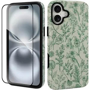 Magnetic Sage Floral Phone Case for iPhone 11-17 Series, Vintage Flower Design, Magsafe Compatible, Matte Protection for Girls & Women, Cover