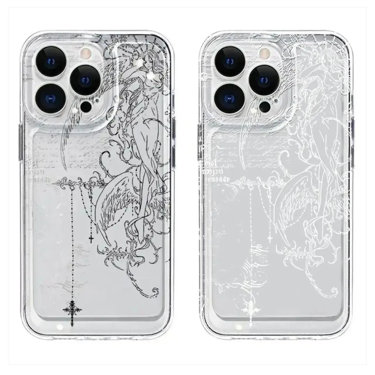 Fashion New Style Gothic Angel Sketch Clear Phone Case - Grunge Cross Aesthetic Cover Simple Full-Package Transparent Protective Shell For iPhone 17 16 15 14 13 12 11 Pro Max Plus Air