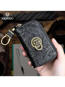 Handmade Key Wallet Genuine Leather Smart Key Holder Housekeeper Key Case Cover Portable Coin Purse Zippered Coin Pouch Double Zipper Wallet Bag
