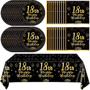 41Pcs Happy 18th Birthday Party Decoration for Boys Men, Black Gold 18th Official Teenager Party Supplies, 18 Theme Birthday Tableware Includes Paper Plate Napkin Tablecloth
