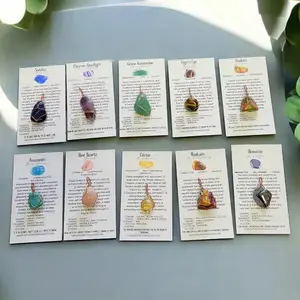 Crystal Gemstone Necklace with Crystal Meanings Cards - 18-inch Pleather Chain, Random Tumbled Stones, 3.25 x 2-inch Cards, Lobster Clasp, Raw Copper Wrapped