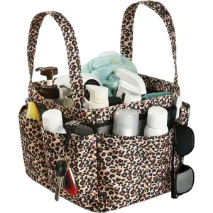 Mesh Shower Caddy Bag, Portable Basket Organizer with Key Hook for College Dorm Bathroom Camp Gym, Hanging Tote Bag with 8 Pockets, Lepoard