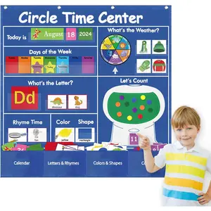 Circle Time Learning Center Pocket Chart for Classroom, Educational Teaching Materials for Learning Calendar Weather Number Counting Letter Color Shape Wording Rhyme Pictures (Blue)