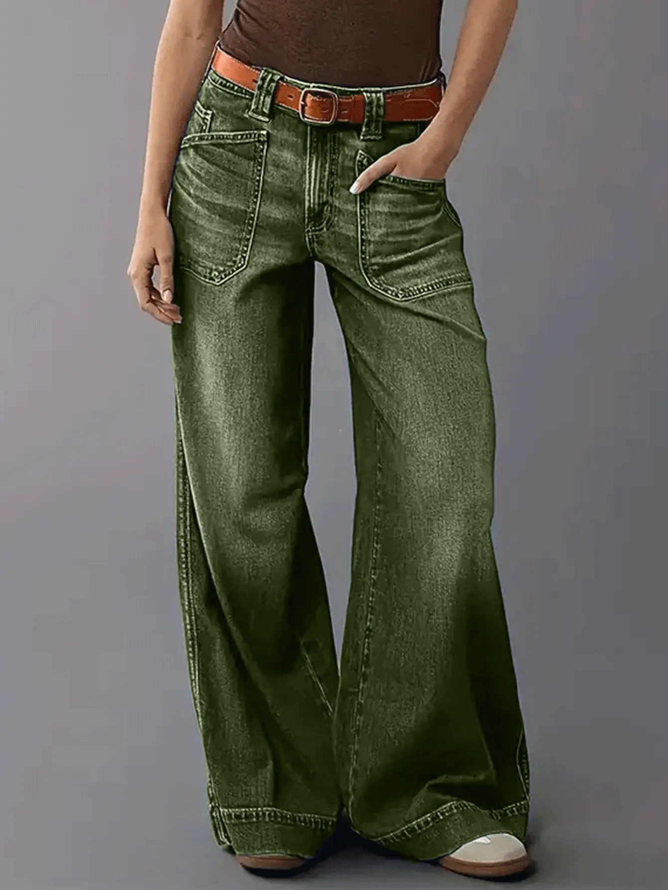 Womens Flare Jeans High Waisted Wide Leg Baggy Jean for Women Stretch Denim Pants in Olive Green