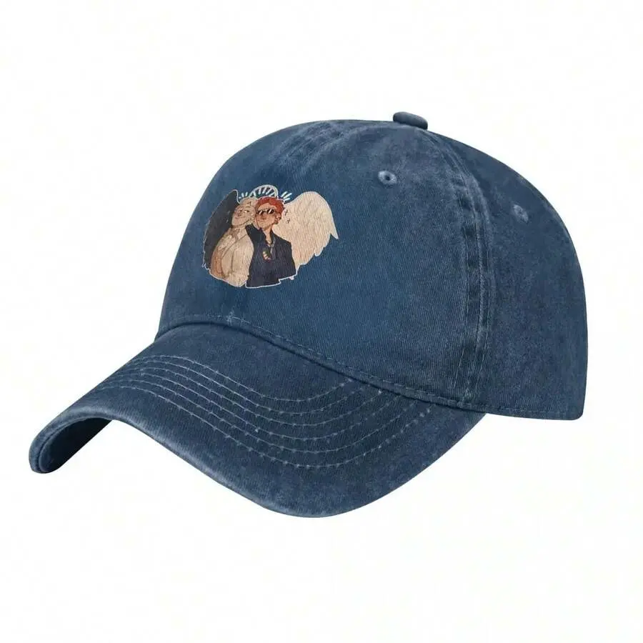 S&T Good Omens TV Series Merch 100% Cotton Outdoor Sports Truck Hat - Angel Wings, Aziraphale & Crowley Design, Washed Denim, Adjustable Buckle, Breathable, Curved Brim, Unisex Daily Fashion Accessory, Hand Wash Only