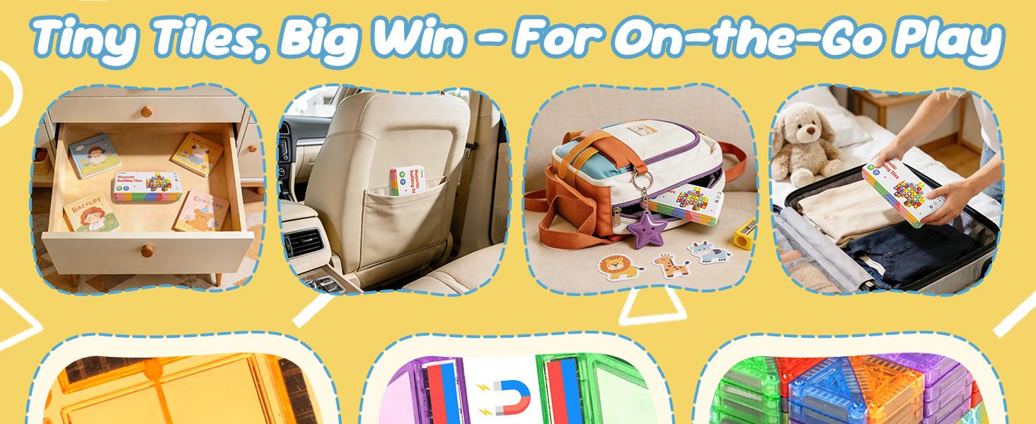 Cossy Mini Magnetic Tiles, 80 PCS Magnet Tiles Travel Toys with Iron Box, Travel Magnetic Tiles for Restaurant, Car & Plane Play, Toys for 3 4 5 6 7 8 Year Old Boy and Girl