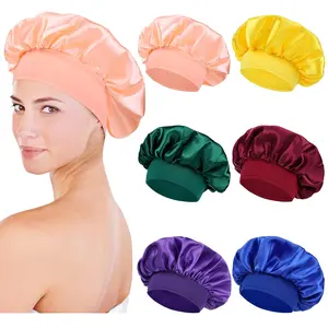 6 Pack Colors Satin Lined Silky Sleeping Bonnets Shower Caps Curly Long Hair Protector Night Large Adjustable Wide Brim Band Sleep Hats Hair Wraps for Women Men Girls (Mix Colors)
