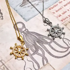 Titanium Steel Ship Wheel Pendant Necklace for Women - 24K Gold Plated/Silver Tone, Waterproof Tarnish-Resistant, Hypoallergenic Sparkling Cubic Zirconia Nautical Statement Jewelry Gifts
