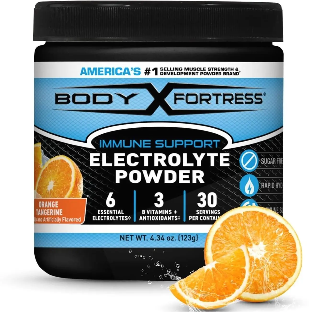Body Fortress Electrolyte Powder Orange Tangerine - Rapid Hydration Drink Mix with 6 Essential Electrolytes & 3 B Vitamins - Sugar Free, Keto Friendly, No Color Added, Clear Hydration - 30 Servings