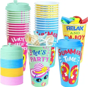 24 Pack Beach Party Favors Goodie Cups, 16OZ Pool Luau Theme Party Decorations Plastic Cups, Summer Birthday for Kids Supplies with Lids Plugs