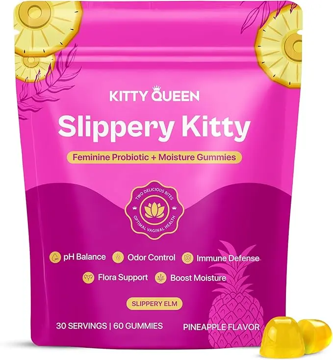 KITTYQUEEN Slippery Kitty Feminine Probiotic and Moisture Gummies, Pineapple Flavor, Women’s Probiotic Gummies for Vaginal Health, pH Balance, Odor Control, Flora Support and Moisture Boost, 60 Count