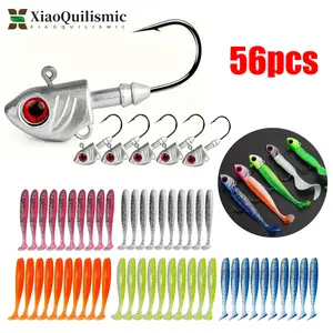 56pcs Fishing Hook Set with 10 Fish Heads and 50 Soft Lures, Fishing Lures Kit, Fishing Gear, Fishing Tackle, Suitable for Freshwater and Saltwater Fishing, Perfect for Catching Bass and Pike, Fishing Gifts
