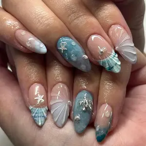 30 Pcs Ocean Theme Nail Tips, Summer Limited French Gradient Turtle Star Shell Nails, Almond Shape Whitening Detachable False Nails