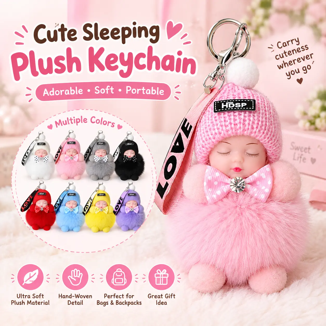 Cute Sleeping Doll Plush Keychain – Adorable Soft Stuffed Pendant for Backpack, Purse & Keys