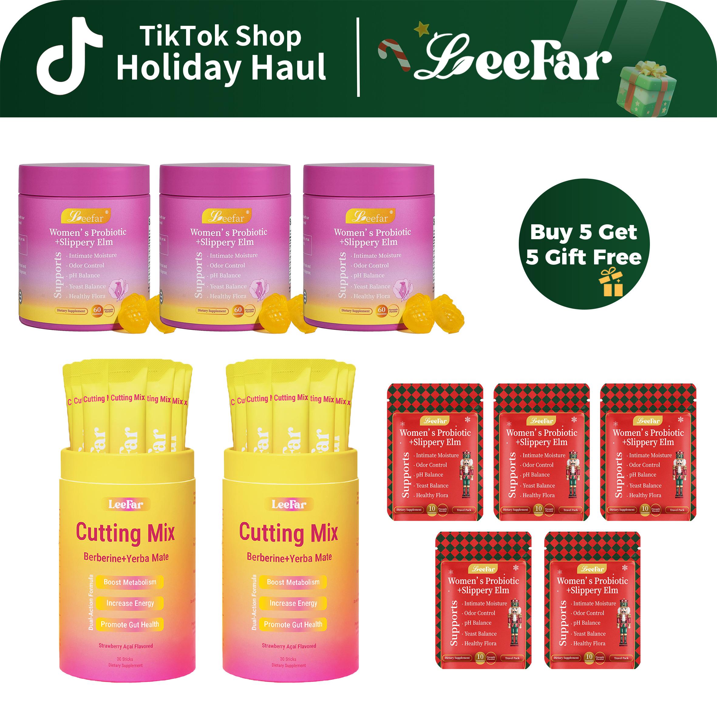LEEFAR Signature Bundle: Women's Probiotics+Slippery Elm Pineapple Gummies*3 Bottles & Cutting Drink Mix*2 Jars