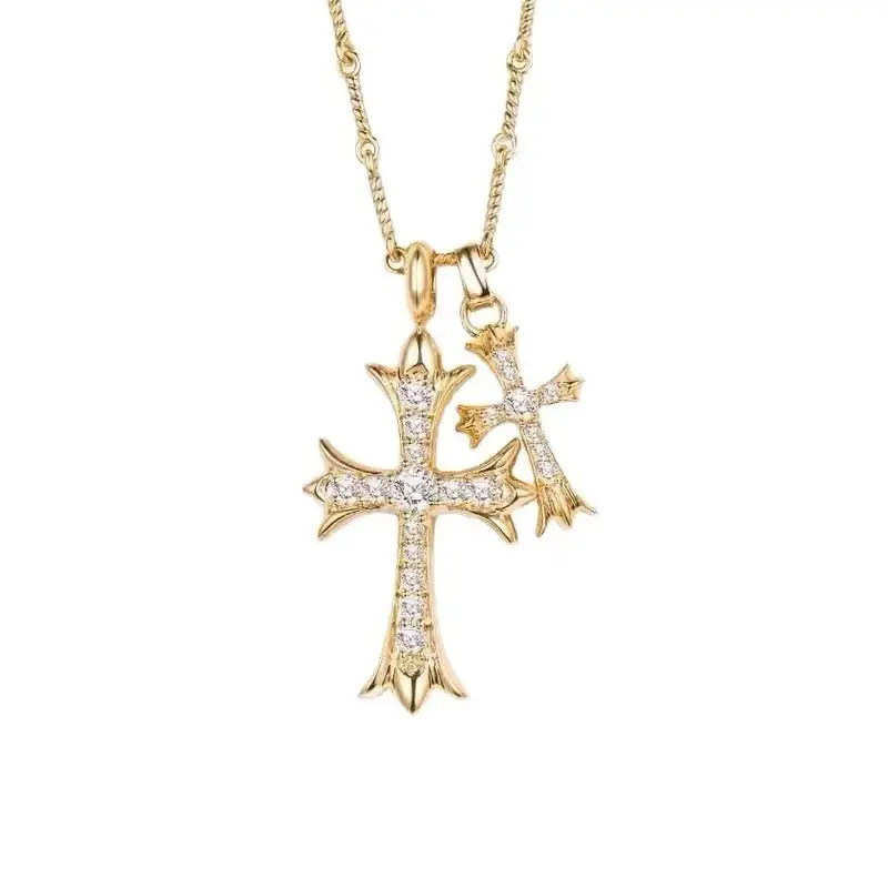 Gothic Double Cross Layered Necklace for Women and Men, Silver Plated Chains with Paved Zirconia Pendant, Edgy Punk Style Accessory, Accessories, Silver Necklaces, Funky Unique Accessories