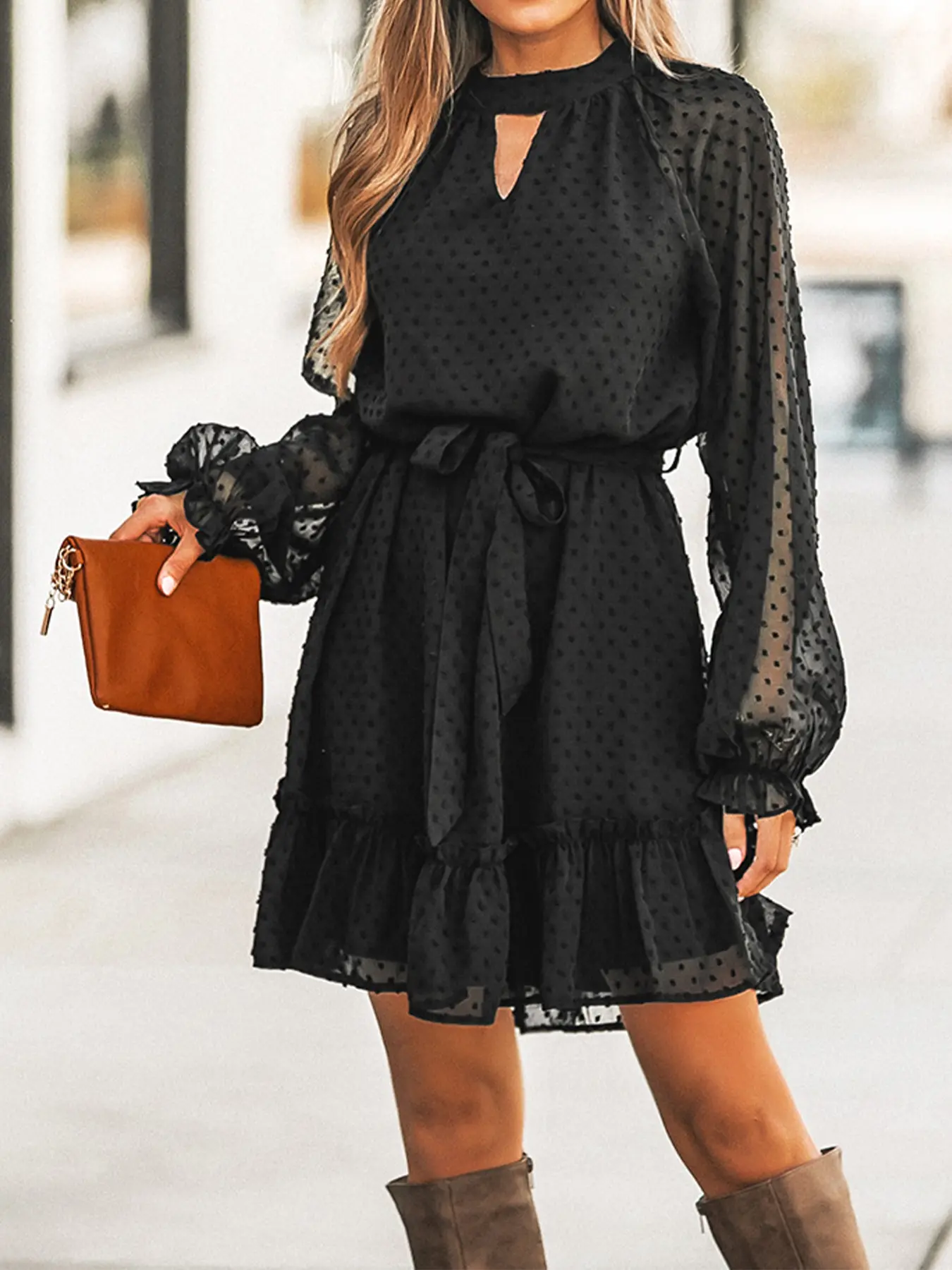 Women's Mesh Lantern Sleeve Dress, Long Sleeve, Fashion Party, Chic, Special Occasion & Daily Wear, Comfortable Elegant Design