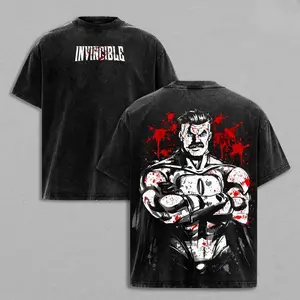 Men's Oversized Short-Sleeve Omni Man Invincible Graphic Print Top-Vintage Washed Heavyweight Cotton Streetwear Tee with Dual-Side Comic Superhero Villain Splatter Design and Acid-Washed Finish,90s Graphic American Casual Short Sleeve Tee,Gym & Streetwear