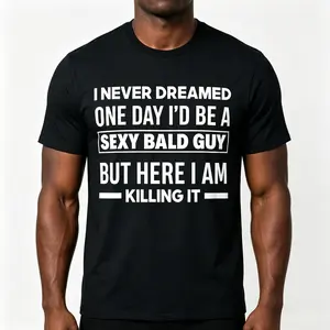 Amusing Bald Joke TShirt for Men Featuring Sexy Bald Guy Phrase on Soft Black Crew Neck
