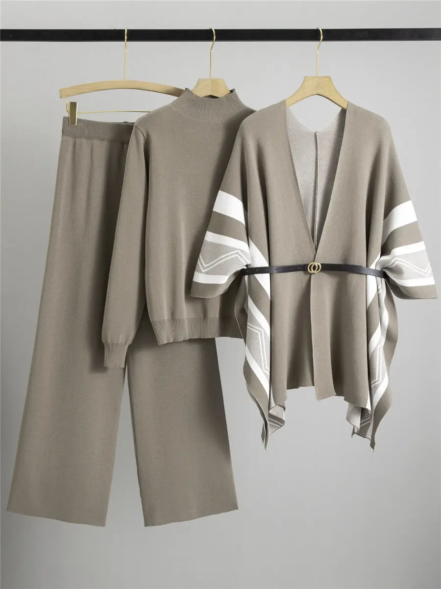 2025 New Autumn And Winter Suit, Feminine And Fashionable Knitted Shawl Cardigan + Turtleneck Sweater + Wide-Leg Pants Three-Piece Set