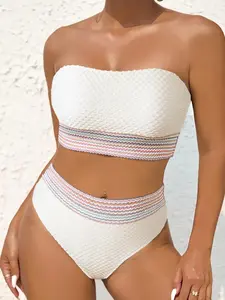 Women's Colorblock Striped Trim Swim Top & Swim Panty Bikini Set, Casual Fashion Chic Swimwear Set for Beach Holiday Vacation, Ladies Swimsuit for All Seasons