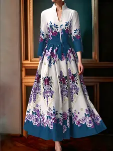 Elegant Women's Long Flared Dress with Stand Collar, Side Zipper, Waist Belt, Printed Woven Fabric, Plant, Party Wear, Commuter, Daily