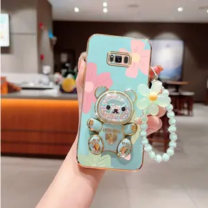 S8 Popular Series Fashion Strap Lanyard Phone Holder Case For Compatible With Samsung Galaxy S8 PC Cover and Elegant Colorful Bear with Flowers Floral Style Protector Cases
