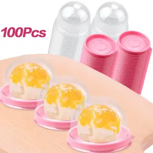 100 Pack Clear Plastic Plastic Egg-Yolk Puff Mooncake Packing Box Mini Cupcake Boxes packaging Muffin Pod Dome Wedding Birthday Gifts Supplies, 2.75 X2 Inch for Cheese Pastry Dessert Mooncake (Pink)