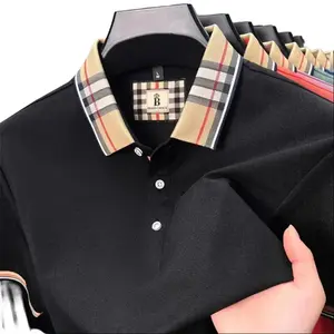Men's Silk-Cotton Breathable Plaid Lapel Short-Sleeve T-Shirt, Summer New Buttons Design, Lightweight Comfortable Versatile Stylish Top for Casual Office Use, Sports & Outdoor Outfit, Shortsleeve