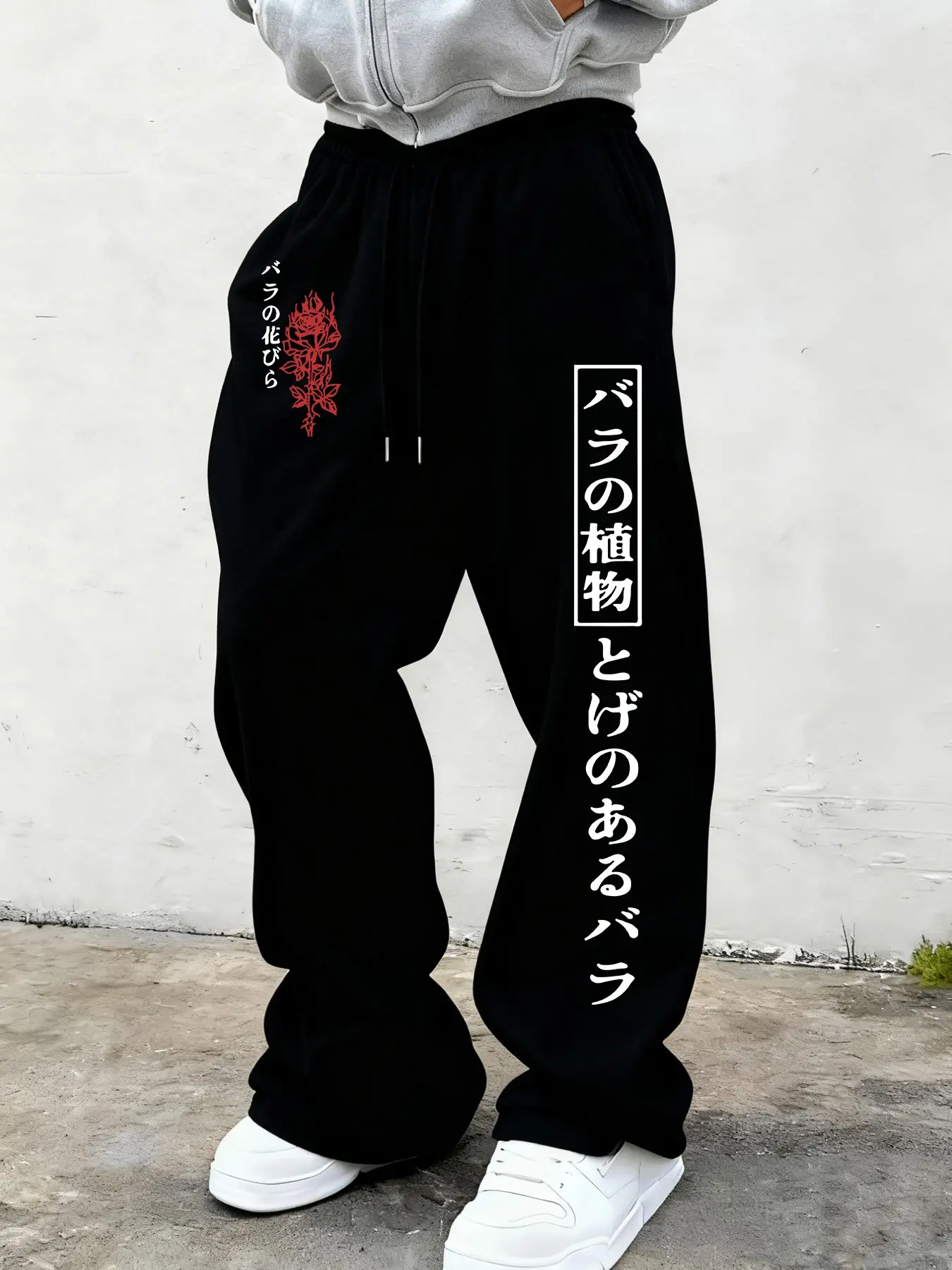 Men's Streetwear Print Sweatpants, Y2K Gothic Rose Sports Pants, Loose Fit Harajuku Style, Casual Fitted Pants for All Seasons, Adjustable Drawstring Sweatpants, Drawstring Waist Sweatpants