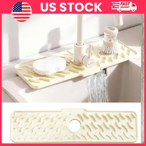 24" x 5.9" Silicone Faucet Mat for Kitchen Sink, Quick-Drying Stone Splash Guard & Drip Tray, Anti-Slip Countertop Protector, Easy-Clean Surface for Soap Dispensers, Sponges, Scrub Brushes, Beige, 0.67" Thick | Kitchen Essentials, Kitchen Sink Rack