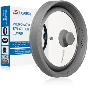 Microwave Splatter Cover with Vented Silicone Guard Clear Glass Top and Grip Handle, Dish Cover Heat Resistance Protection, Blocks Popping Grease and Foods Collapsible