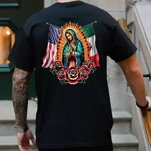 100% Cotton Virgin Mary T-Shirt – Our Lady of Guadalupe Graphic Tee with USA & Mexico Flags, Religious Hispanic Catholic Shirt, Faith Graphic Top for Men Women