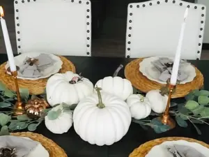Thanksgiving Table Setting/Mantle Decorations - DOESN'T INCLUDE PLACEMATS/PLATES/NAPKINS - 6 white pumpkins, 2 gold pumpkins, 2 candlesticks, 2 tapered white candles, and eucalyptus leaves, Thanksgiving Table Set for a Beautiful Esthetic Table Setting