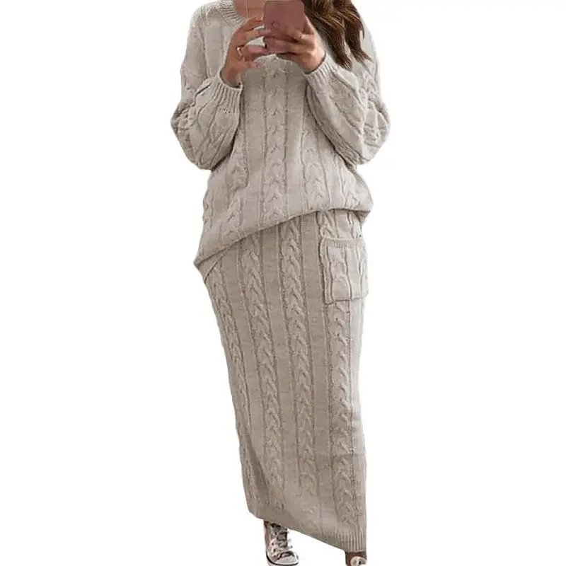 UTCoco Women's 2-Piece Matching Set, Chunky Cable Knit Long-Sleeve Sweater & Black Skirt, Soft Loose Winter Outfit (2-Piece Sets Included), Two Piece Sets