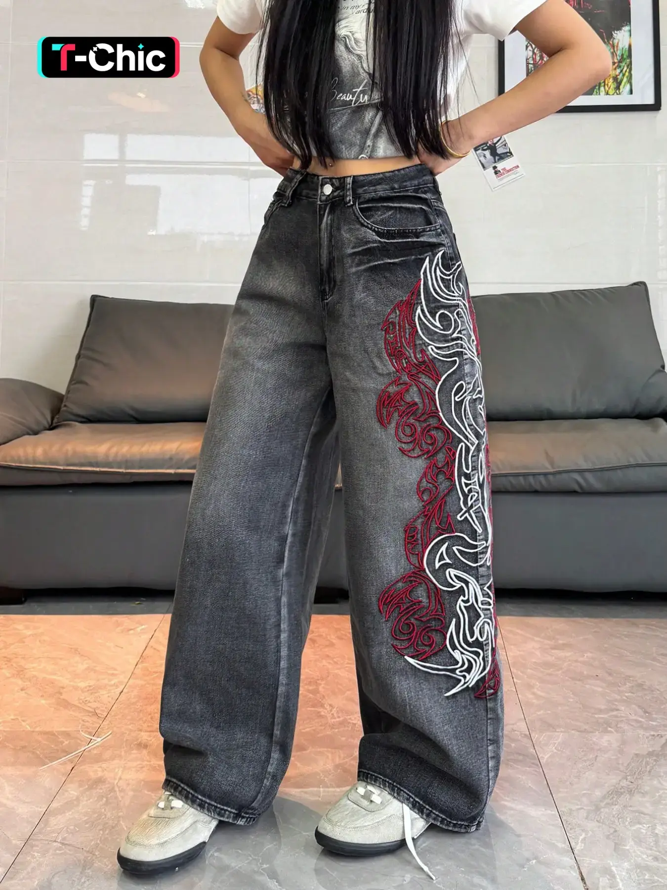 Original Retro Embroidered Bamboo Embroidery Jeans for Women, Street Style Streetwear Casual Washed Denim Fitted Long Pants, Denim High Waist Flared Pants, All Seasons Plain Design, Denim Clothing, Womenswear